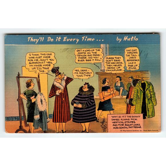 Vintage 1940s Linen Postcard They'll Do It Every Time by Hatlo Comic - Picture 1 of 2